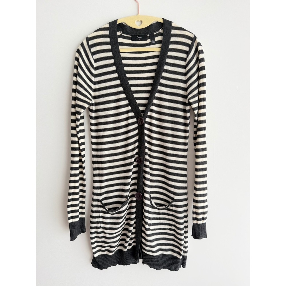 Aqua Women Longline Striped Cardigan Gray Cream Cotton Button Front Sweater M